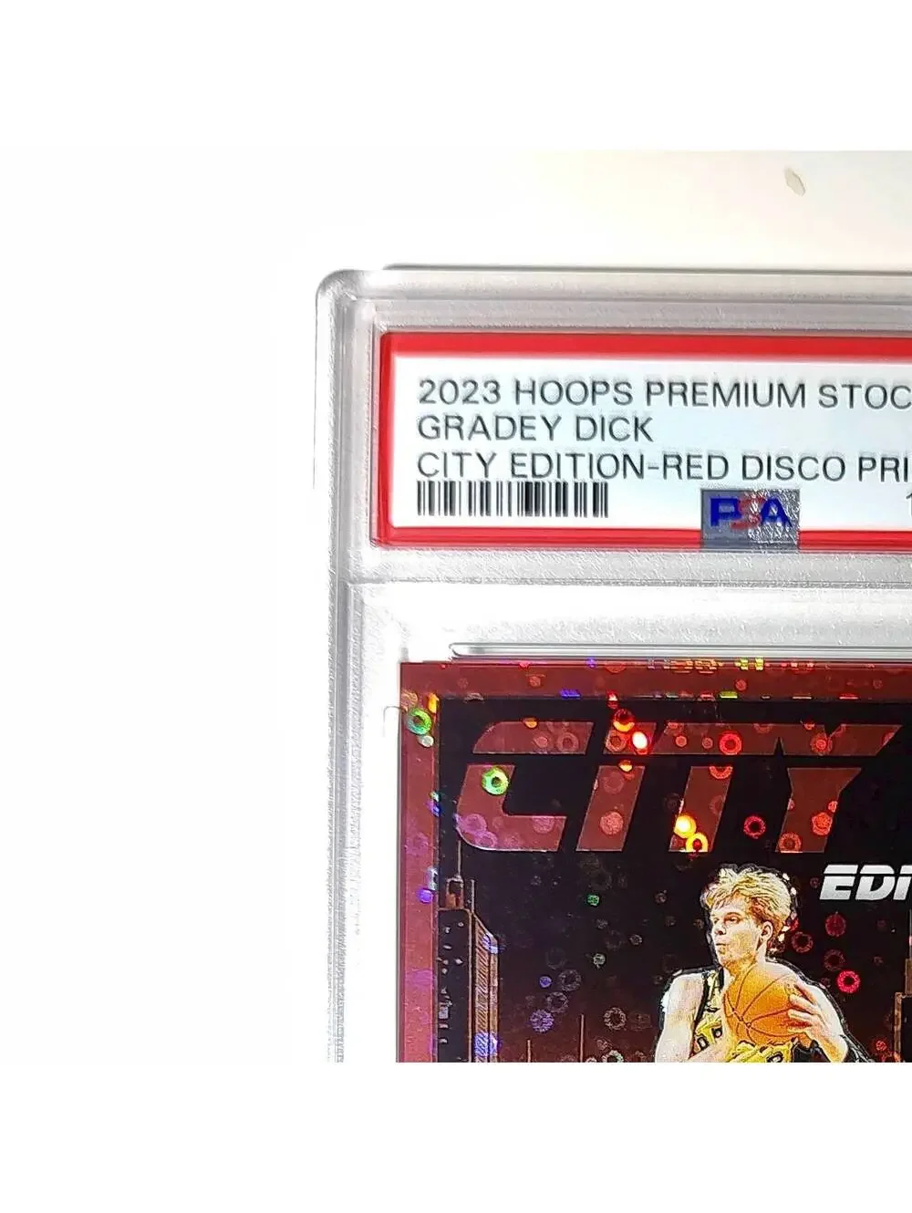 Gradey Dick 2023 Panini Hoops Premium City Edition #6 Red Disco Prizm PSA 10 Gem